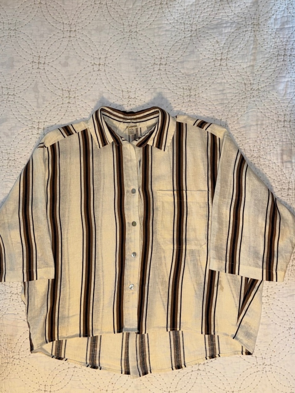 MAGASCHONI 100% Linen Striped Button Down Shirt Ivory Brown Black L